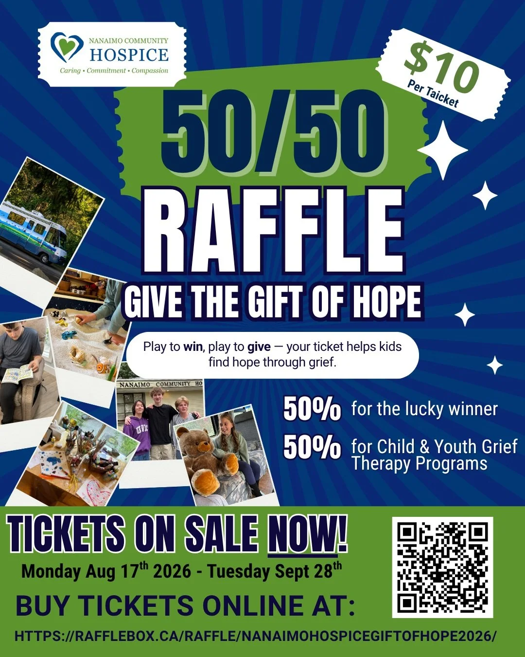 OUR 50/50 RAFFLE IS NOW LIVE! 

Play to win, play to give &mdash; your ticket helps children and youth in our community find hope through grief. 💚💙
When you purchase a ticket for our Give the Gift of Hope 50/50 Raffle, you not only have a chance to