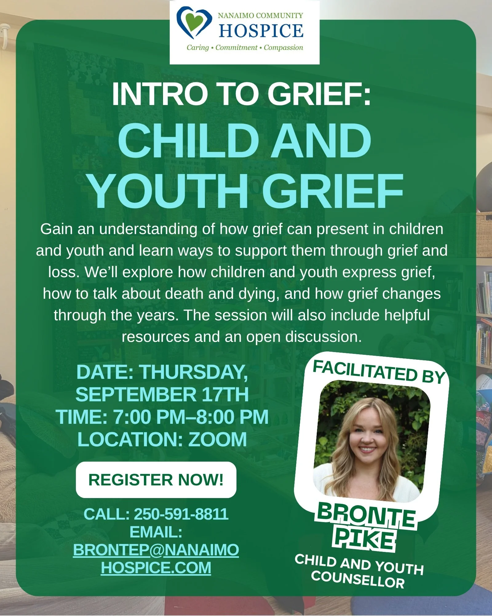 Please share! Intro to Grief: Child and Youth Grief Zoom Session

How does grief present in children and youth, and how can we support them through grief and loss?

Join Bronte Pike, our Child &amp; Youth Counsellor, for a free online information ses
