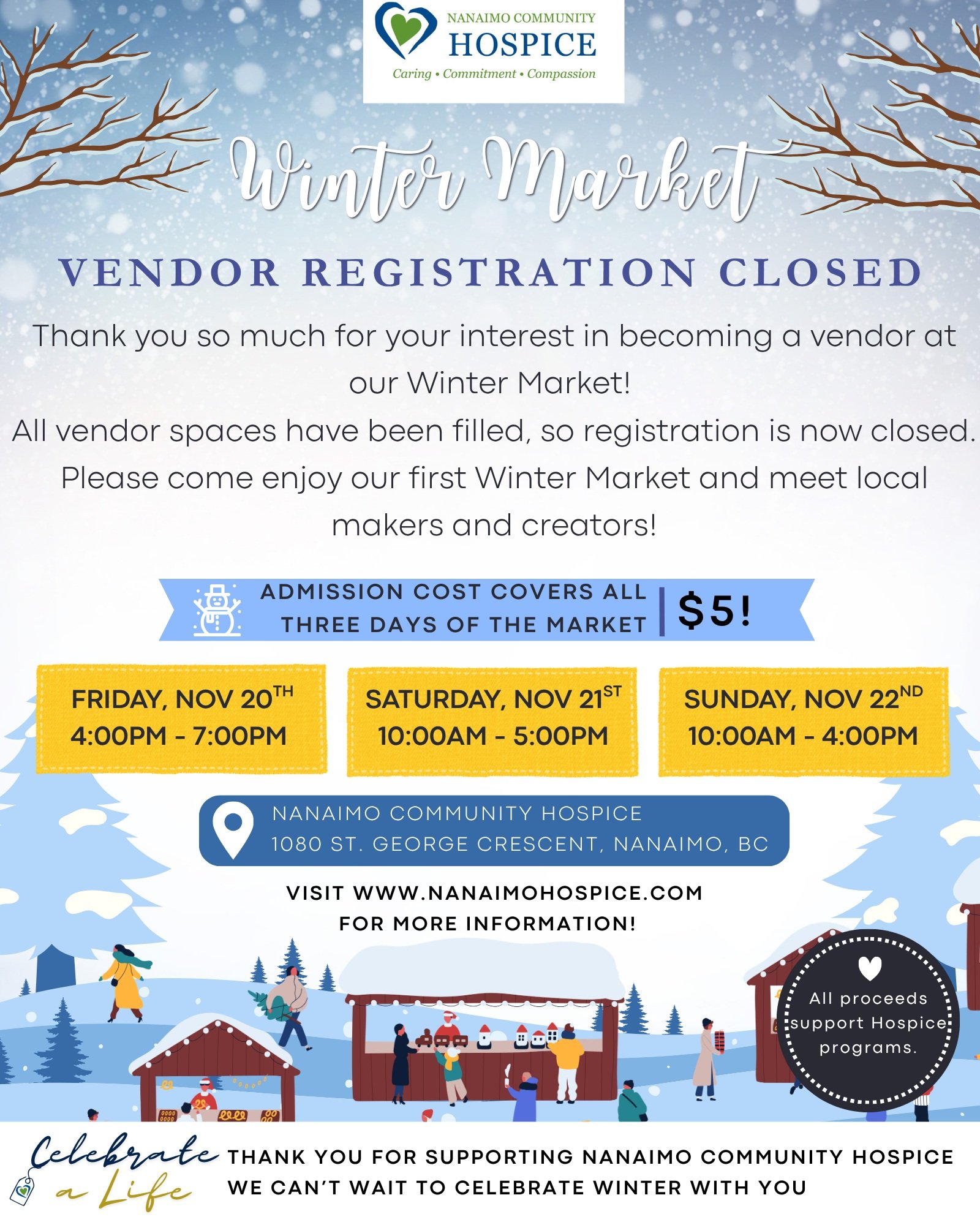 Thank you so much for your interest in becoming a vendor at our Winter Market! 💙💚

All vendor spaces have been filled, so registration is now closed.

Please come enjoy our first Winter Market and meet local makers and creators!

Admission is $5 fo