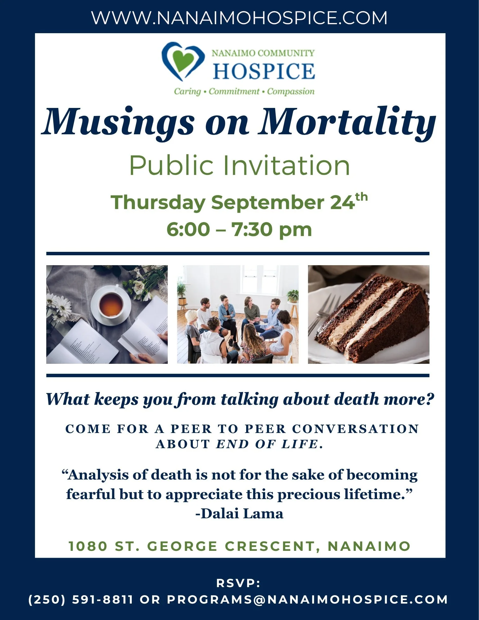 Musings on Mortality &ndash; Register today and join us next week 💚💙

What keeps you from talking about death more?

Join us next Thursday, September 24th, for Musings on Mortality, an evening of open and meaningful conversation about death, dying,