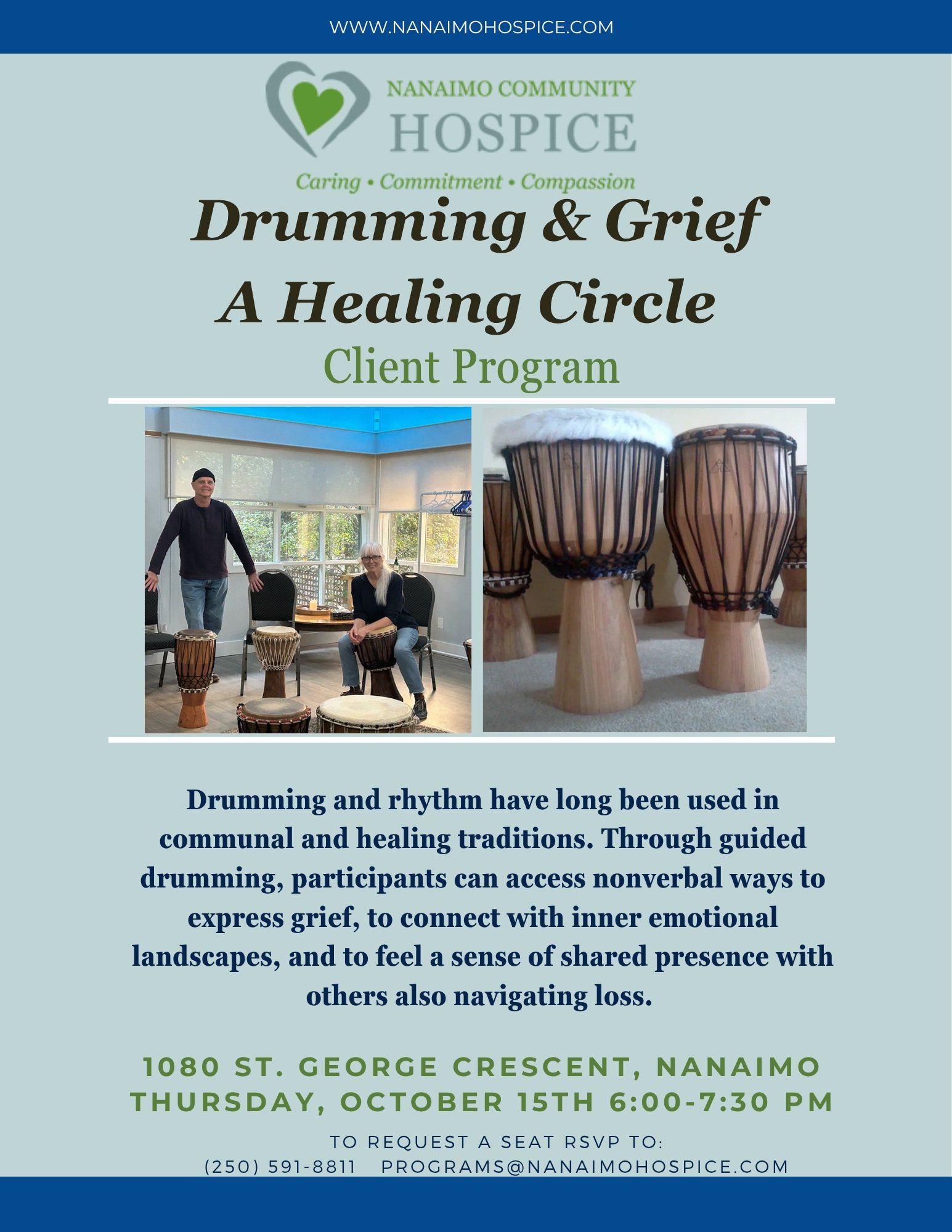 Drumming &amp; Grief: Join us for a healing circle (Client Program)

Grief can be difficult to put into words. Sometimes, expression can happen through rhythm, sound, and shared experience.

Join us for Drumming &amp; Grief: A Healing Circle, a guide
