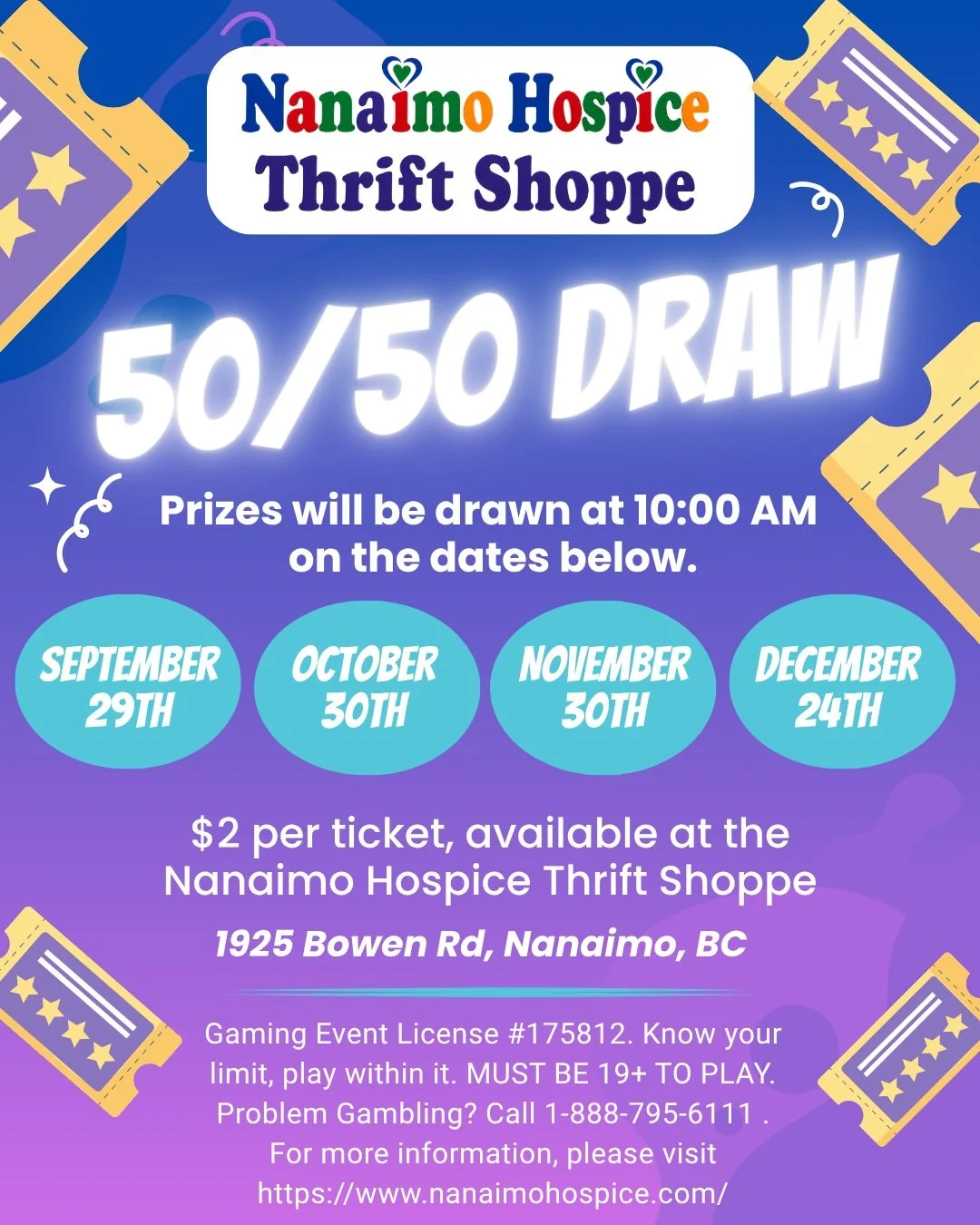 🎟️ NANAIMO HOSPICE THRIFT SHOPPE 50/50 DRAW! 🎟️

Feeling lucky? 🍀 Support Nanaimo Community Hospice while getting a chance to win with our Thrift Shoppe 50/50 Draw!

Tickets are only $2 each and are available at the @nanaimohospicethrift at 1925 B