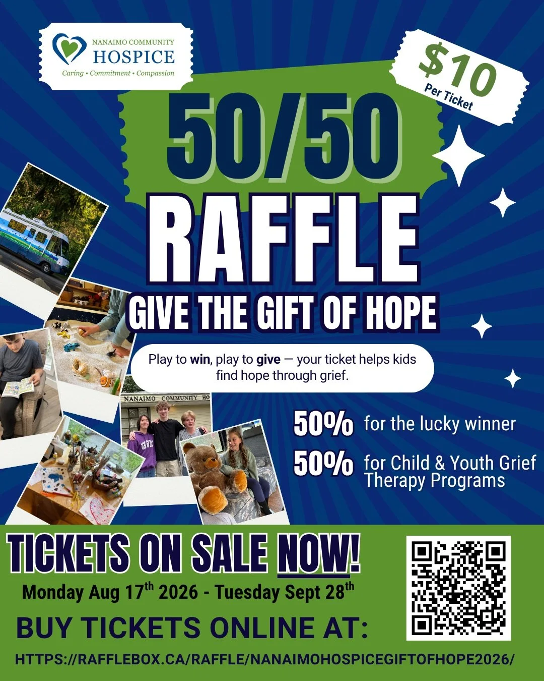 🎟️ LAST CHANCE! GET YOUR 50/50 RAFFLE TICKET TODAY! 💙💚

Today, September 28th, is the FINAL DAY to get your ticket for our Give the Gift of Hope 50/50 Raffle!

🎟️ Tickets are only $10 each!
Play to win, play to give &mdash; 50% goes to one lucky 