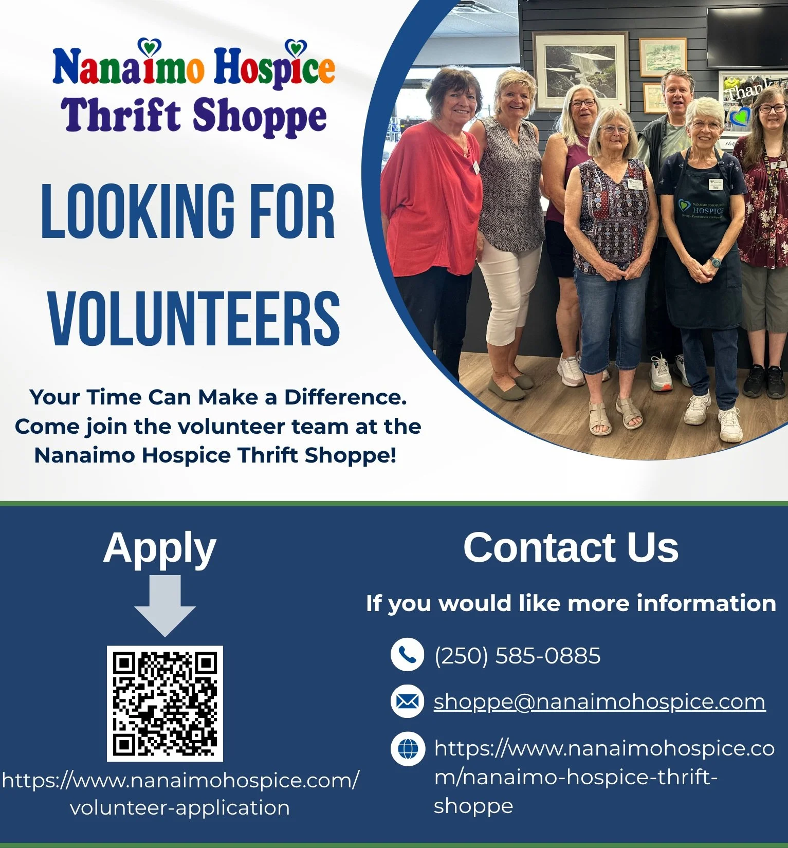 💙VOLUNTEERS NEEDED AT THE NANAIMO HOSPICE THRIFT SHOPPE! 💚

Your Time Can Make a Difference
Come join the volunteer team at the Nanaimo Hospice Thrift Shoppe! @nanaimohospicethrift 

Our Shoppe is a busy, friendly place where every day is a little 