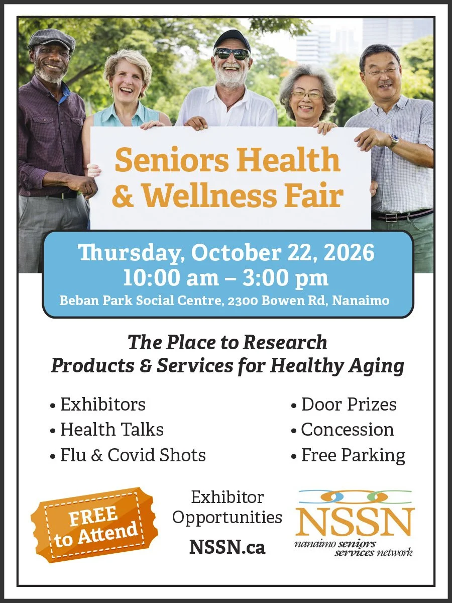 Come See Us at the Seniors Health &amp; Wellness Fair!

Nanaimo Community Hospice is excited to be joining the Seniors Health &amp; Wellness Fair next week!
Stop by to say hello, meet our team, and learn more about the free grief support programs and