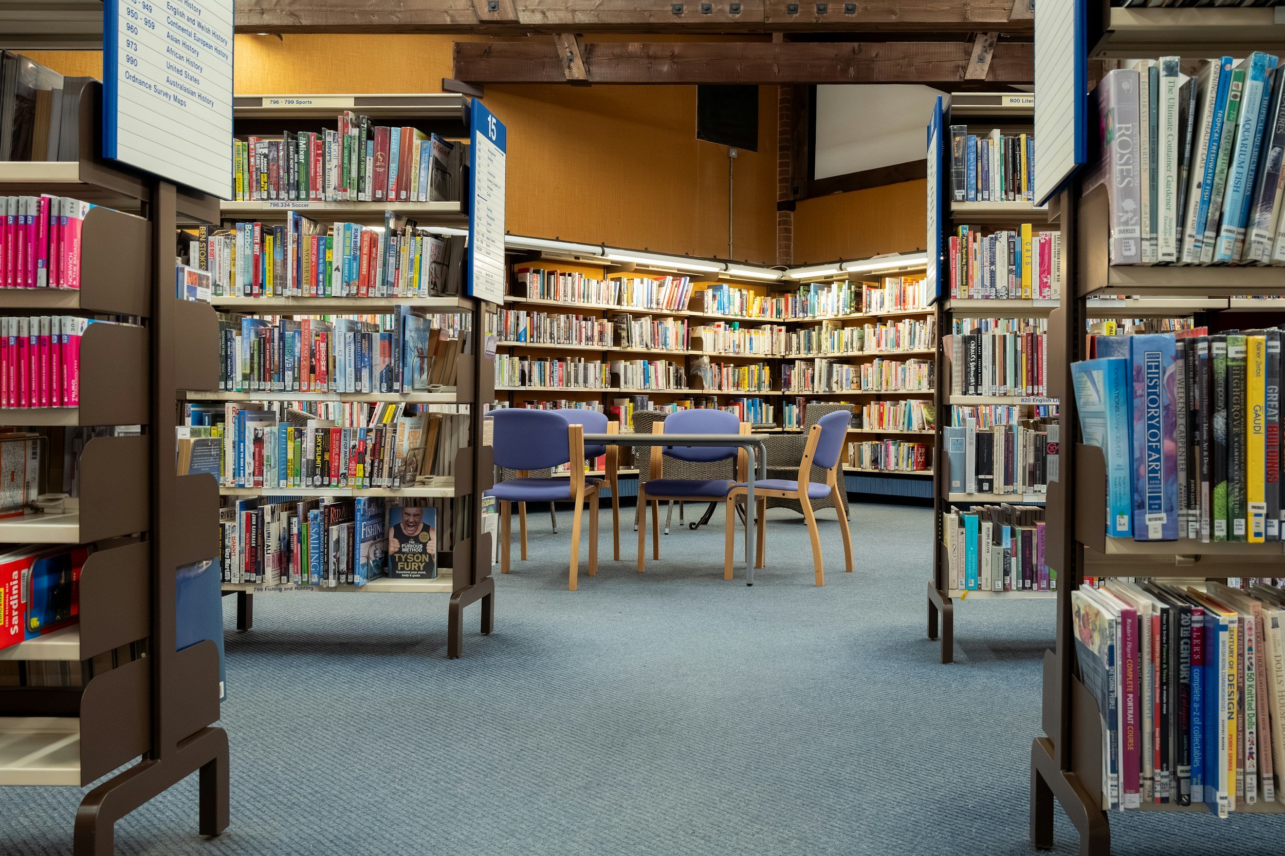 Library furniture including bookshelves, reading tables, seating, and storage for educational libraries.