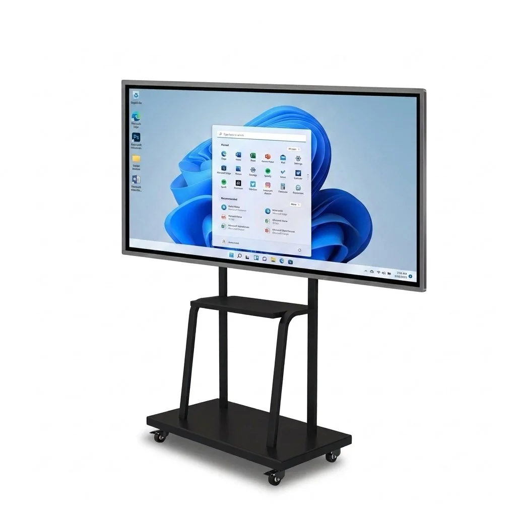 Interactive LED smart board on a mobile stand with touchscreen display, designed for classrooms, training centers, and collaborative learning environments.