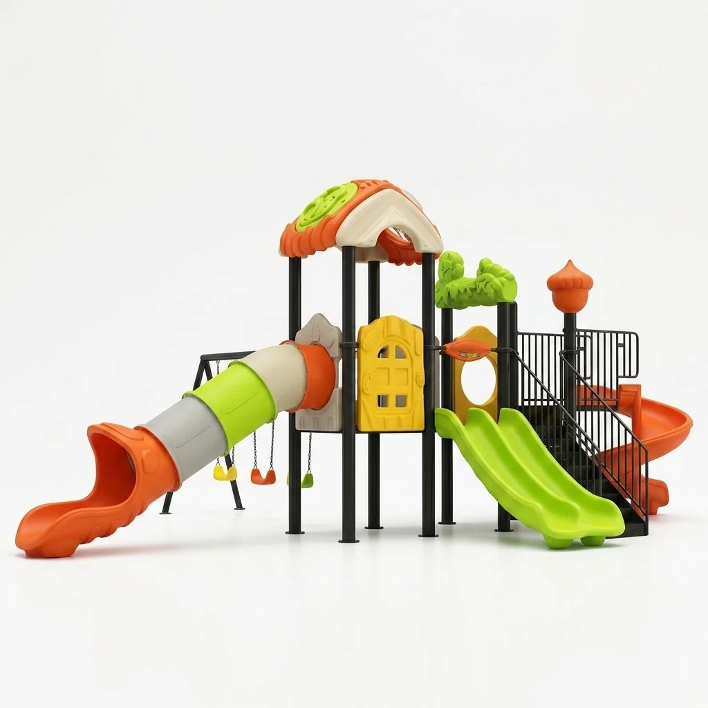 Large commercial playground featuring multiple slides, swings, climbing platforms, tunnels, and activity panels, designed for safe outdoor play in schools, parks, and recreational spaces.
