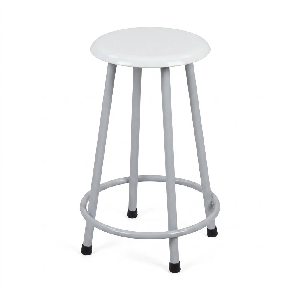 Laboratory stool with a durable fiberglass seat, sturdy metal legs, and integrated footrest, designed for science labs, classrooms, workshops, and educational environments.