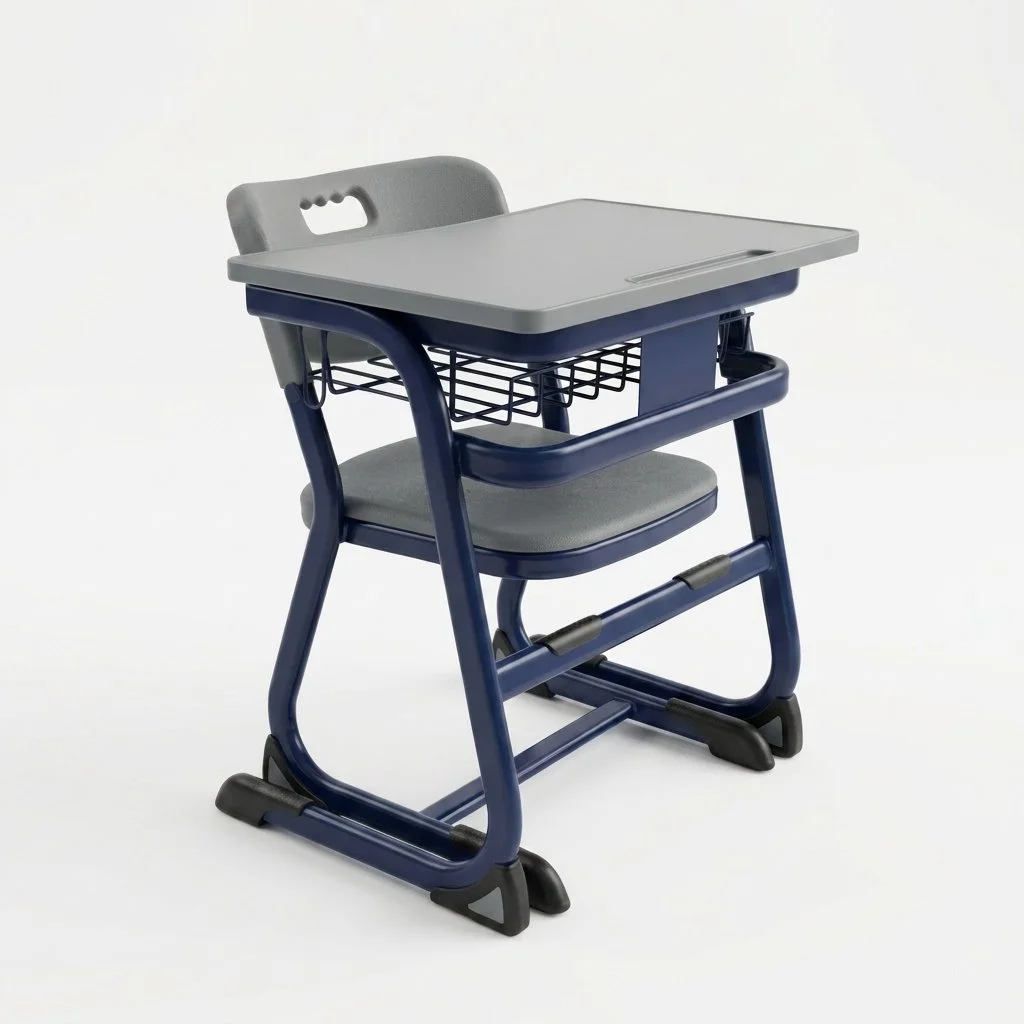 Student classroom desk and chair with a durable blue steel frame, ergonomic molded seat, spacious writing surface, and built-in book basket for modern learning environments.