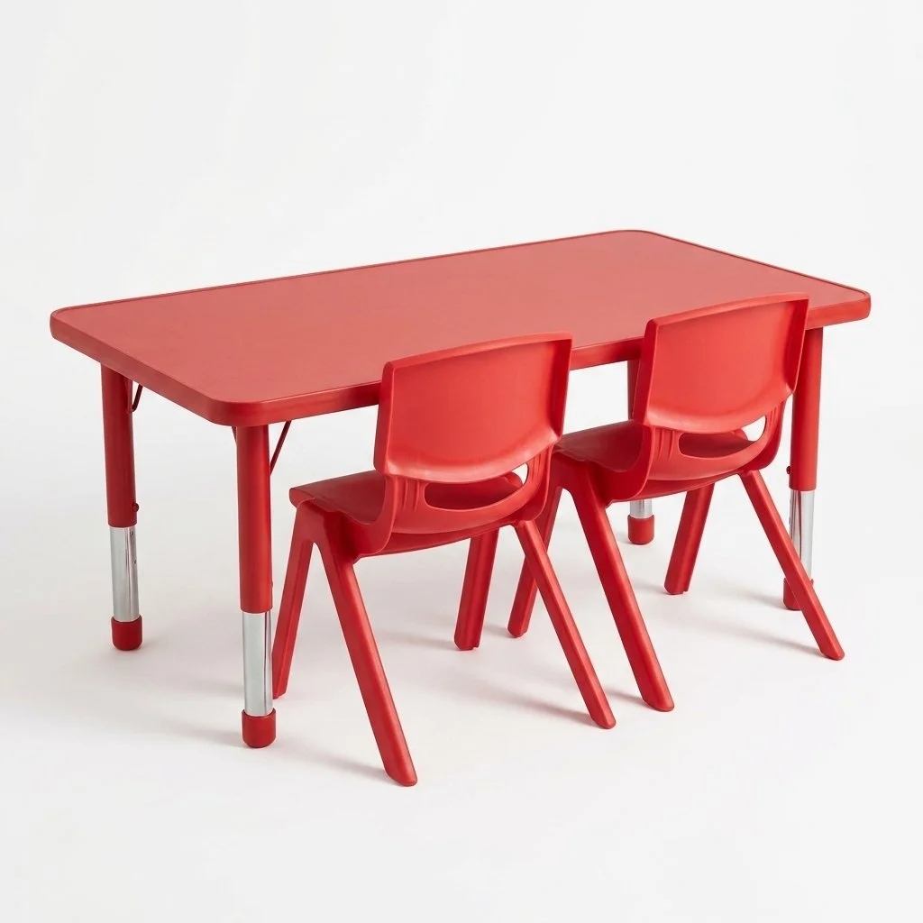 Colorful kindergarten furniture including tables, chairs, storage, and activity furniture for early childhood classrooms.