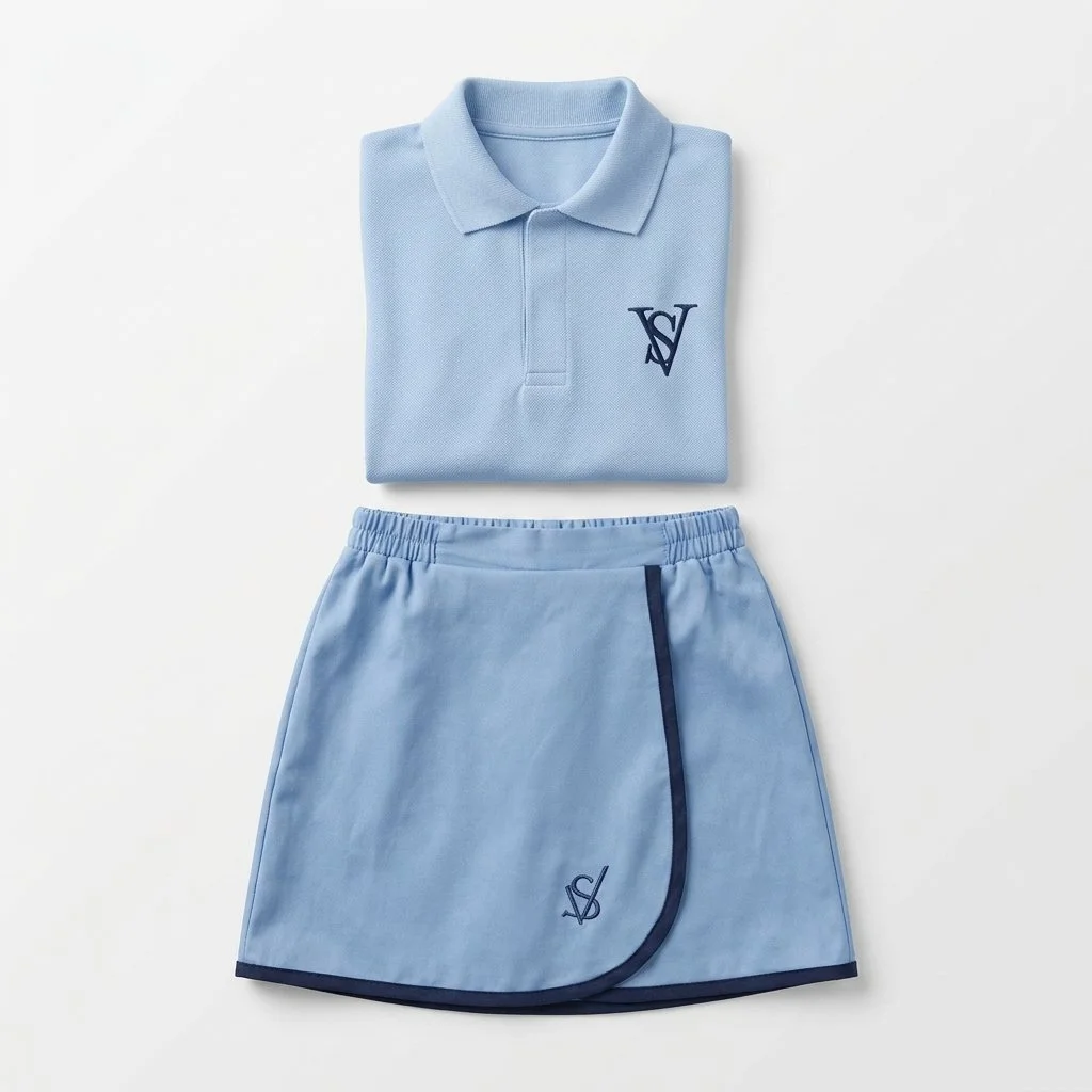 Light blue school uniform featuring a short-sleeve polo shirt and matching skirt with embroidered school logo, designed for comfort, durability, and everyday student wear.