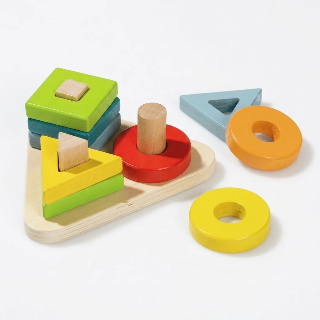 Wooden Shape Sorter educational toy featuring colorful stacking circles, squares, and triangles to develop shape recognition, fine motor skills, hand-eye coordination, and early learning.