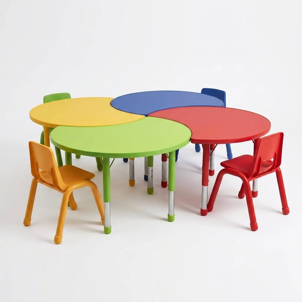 Colorful half-moon kindergarten activity tables with matching child-sized chairs, designed for collaborative learning, group activities, and early childhood classrooms.