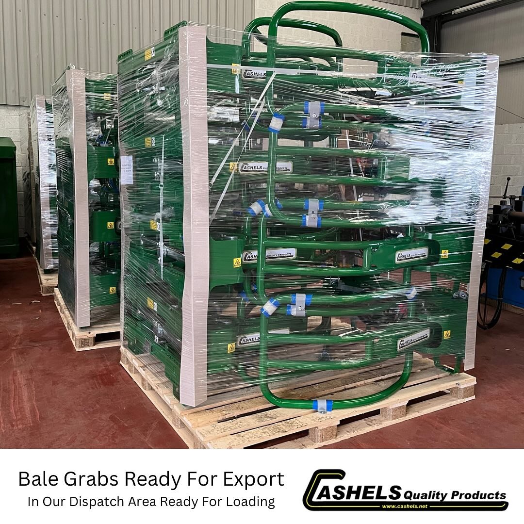 Stacks of Bale Grabs ready for loading to our export customers worldwide | #cashels #cashelsqualityproducts #ireland #balehandling #bales #silage #silage2k23 #silage2k24 #roundbales #wrappedbales #haybales #strawbales #balehandling #balecutter #bales