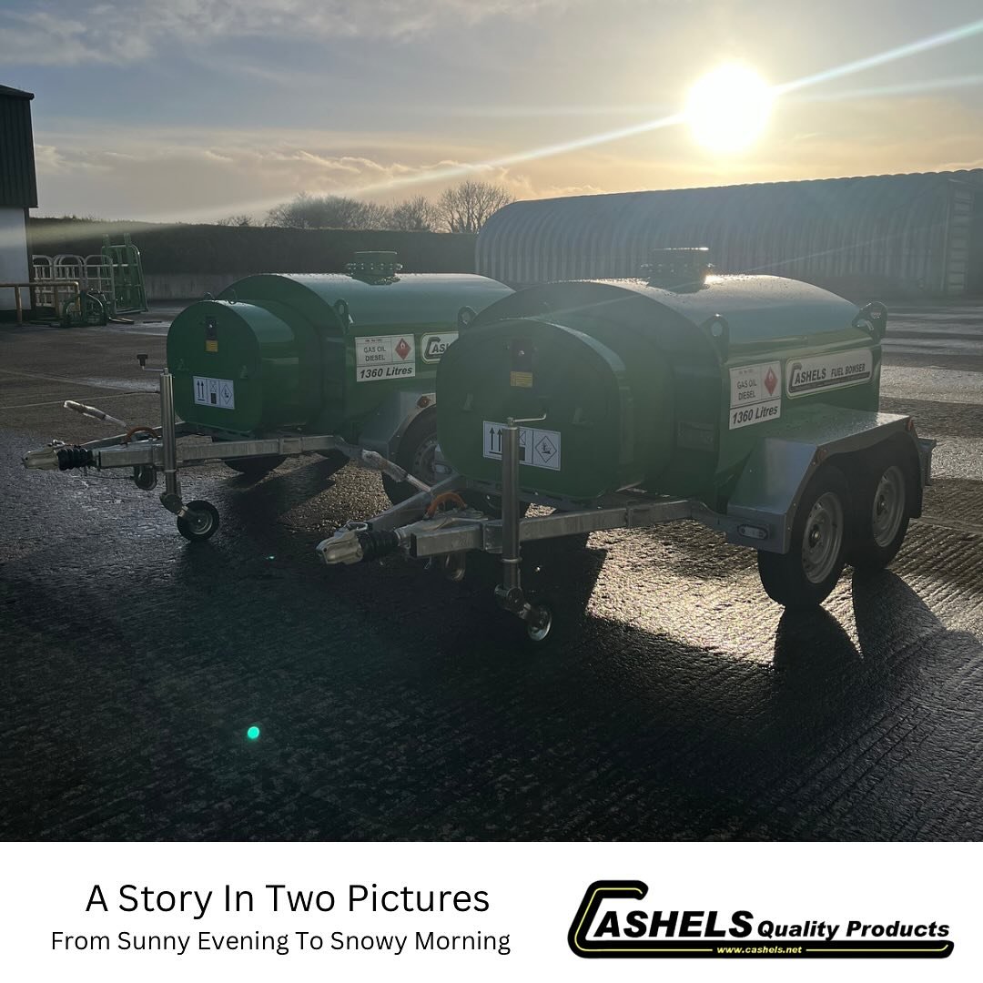 What a difference 12 hours makes. These two 1360Ltr Bowsers ended Thursday in the evening sun and were met with snow showers this Friday morning | #cashels #cashelsqualityproducts #ireland #fuelhandling #silage24 #silage2k24 #silage2024 #farming #far