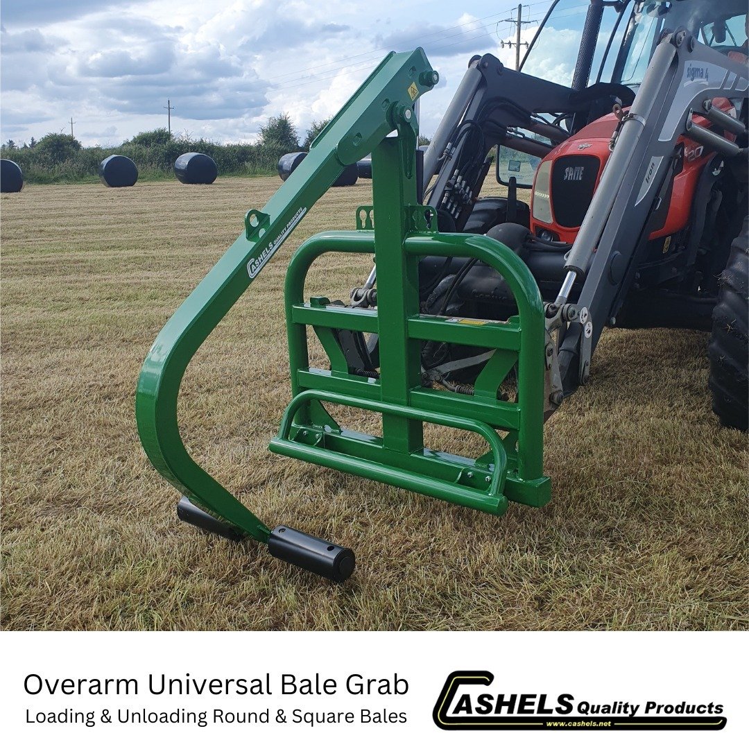 The Cashels Overarm Universal Bale Grab has been developed for transporting and stacking both round and square bales of silage, straw and hay. The overarm is fitted with rotating tubes for smooth handling of wrapped bales. It is designed for use on t