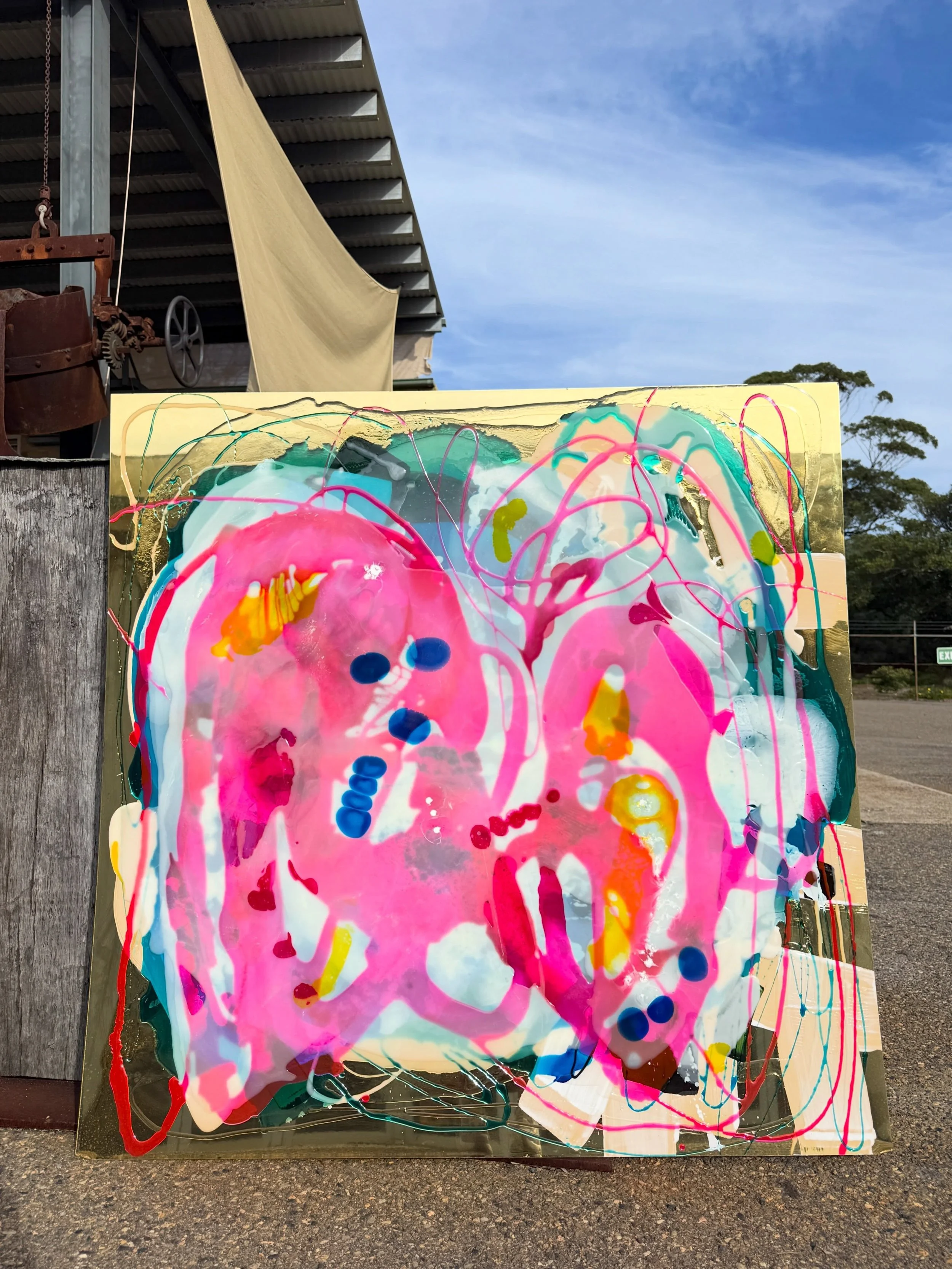 Today while tidying the studio, I left this painting outside for a little while and watched the sun reflect across the gold mirror panel. Everything changed every minute &mdash; the colours, the reflections, the entire surface shifting with the light
