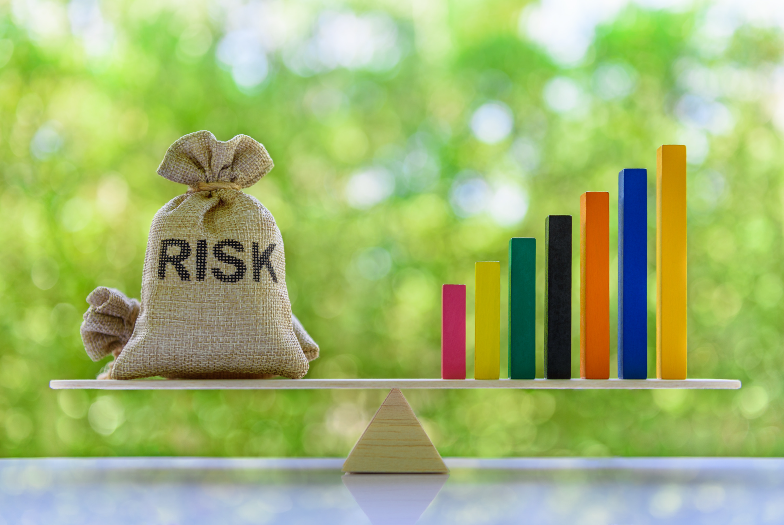 A conceptual image of risk management: a small burlap sack labeled “RISK” sits on one side of a balance scale, while a series of colorful bars increasing in height rise on the other side against a blurred green outdoor background.