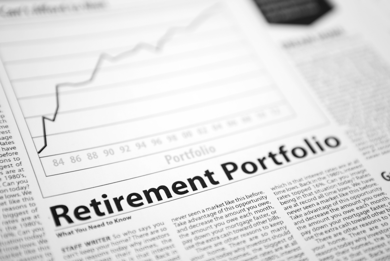 ETFs in retirement portfolio: A newspaper featuring an article with a chart showing growth and the headline 'Retirement Portfolio'