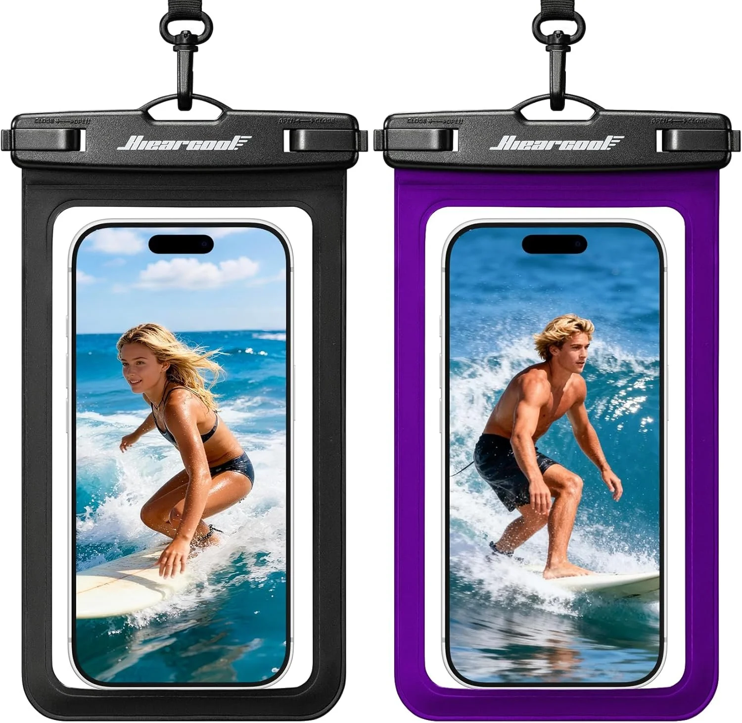 Hiearcool Universal Waterproof Phone Pouch Compatible for iPhone 17 16 15 14 13 Pro Max Plus Up to 8.3", IPX8 Beach Travel Essentials-Black&Purple-2Pack