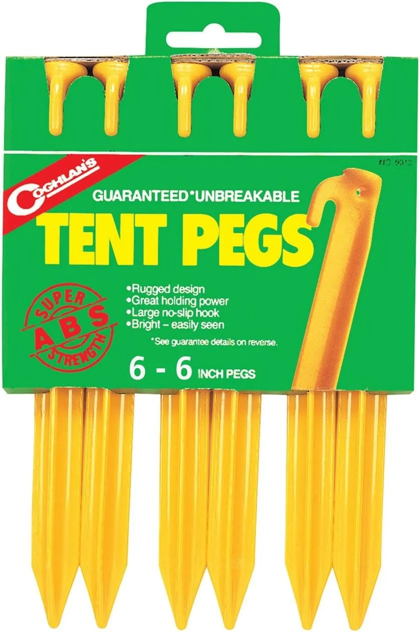 Coghlan's 6-inch Tent Pegs 6 Pack Lightweight Durable Plastic Grounds Stakes for Camping Tents, Outdoor Canopy Stakes for Beach and Garden, Lawn and Rain Tarp