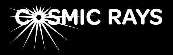 The logo of the festical which is the word Cosmic Rays with the "O" depicted as a sun with rays shooting outward from the center