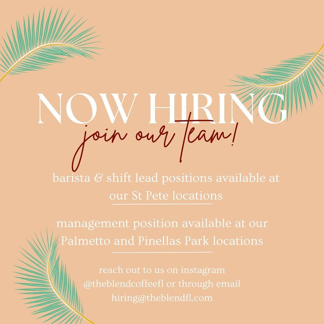 We&rsquo;re hiring‼️
Are you outgoing and do you thrive in a fast paced environment? We are searching for baristas, shift leads and managers to join some of our St Pete, Pinellas Park and Palmetto teams🤩 Tag someone that you think would make an awes