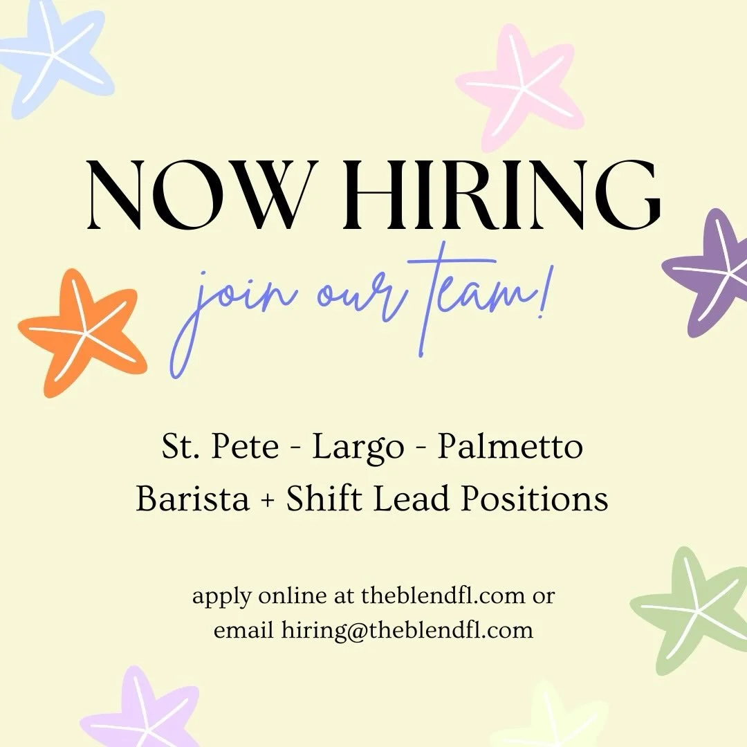 We&rsquo;re hiring! ☕️

The Blend is looking for baristas and shift leads to join our team in St. Pete, Largo and Palmetto

If you love coffee, people and fast-paced mornings, we&rsquo;d love to meet you!

Apply at theblendfl.com
or email hiring@theb