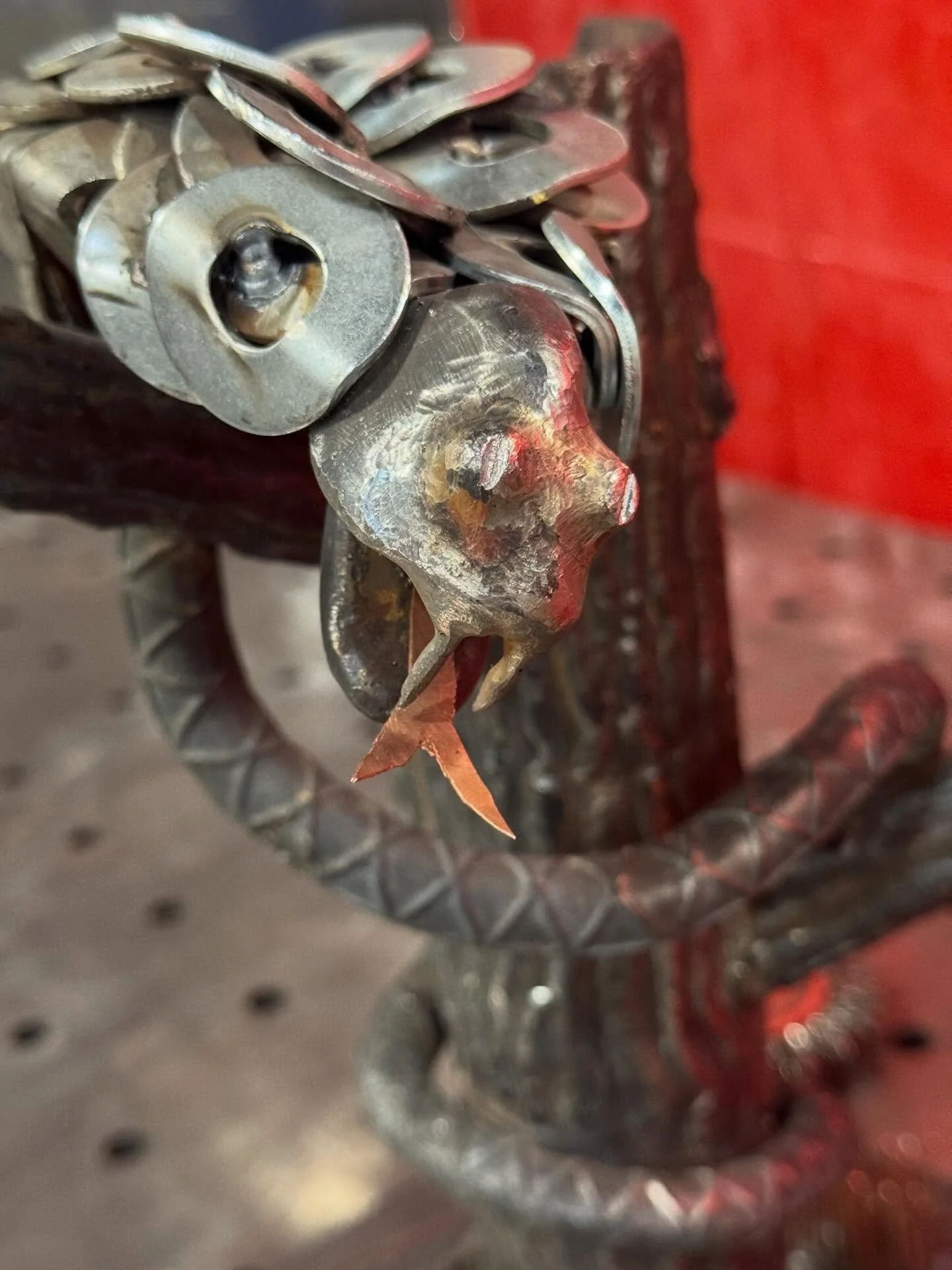🐍 metal snake, created by @lancctc student employee noah.260 with rebar, steel and copper. The textured tree bark and moving tail were especially impressive. He won 3rd place in the Skills USA competition&hellip; way to go Noah!  #metalwork #metalsc