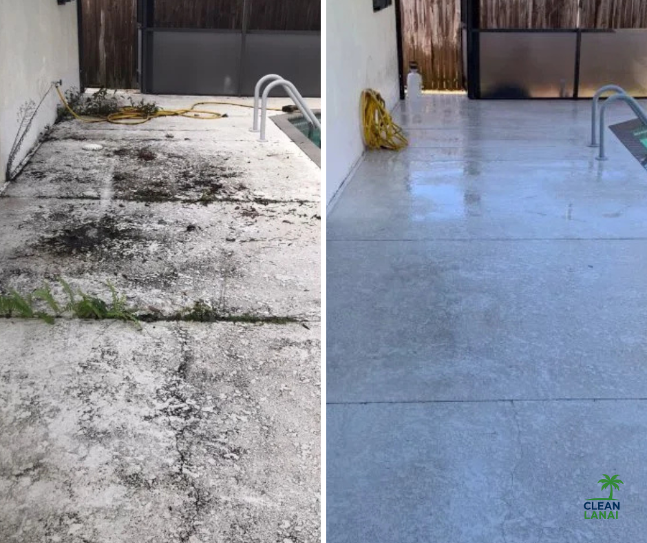 Comparison of a dirty and stained concrete pool deck before and after thorough cleanin, showing the transformation to a clean, renewed surface.