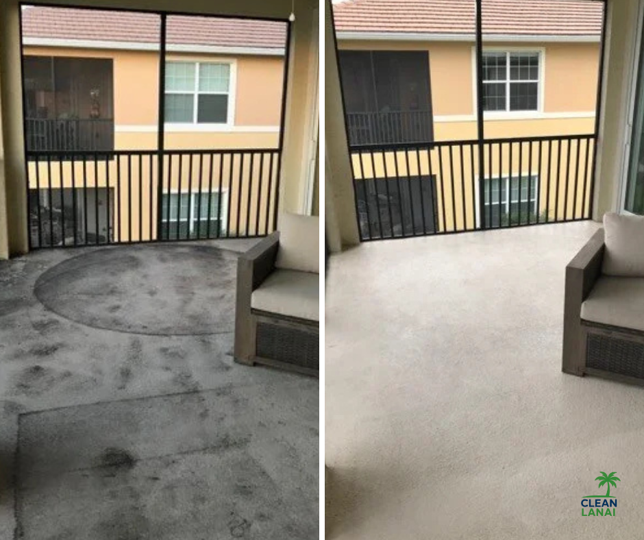 Comparison of a balcony before and after cleaning, showing a dirty balcony area on the left and a clean, light balcony on the right.