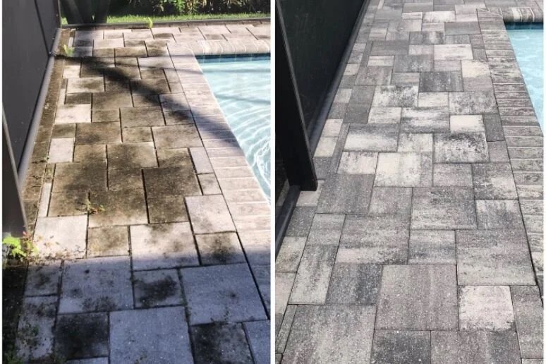 Before and after of a lanai/pool patio paver cleaning in South Florida.