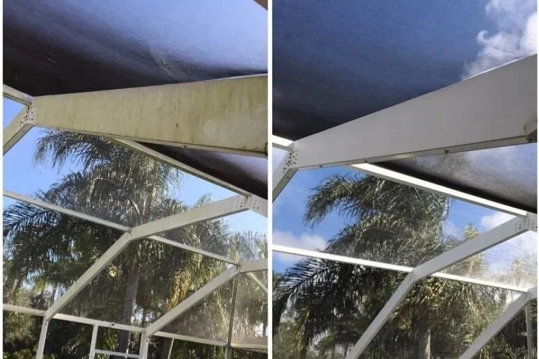 Before and after photo of a pool screen and cage cleaning.