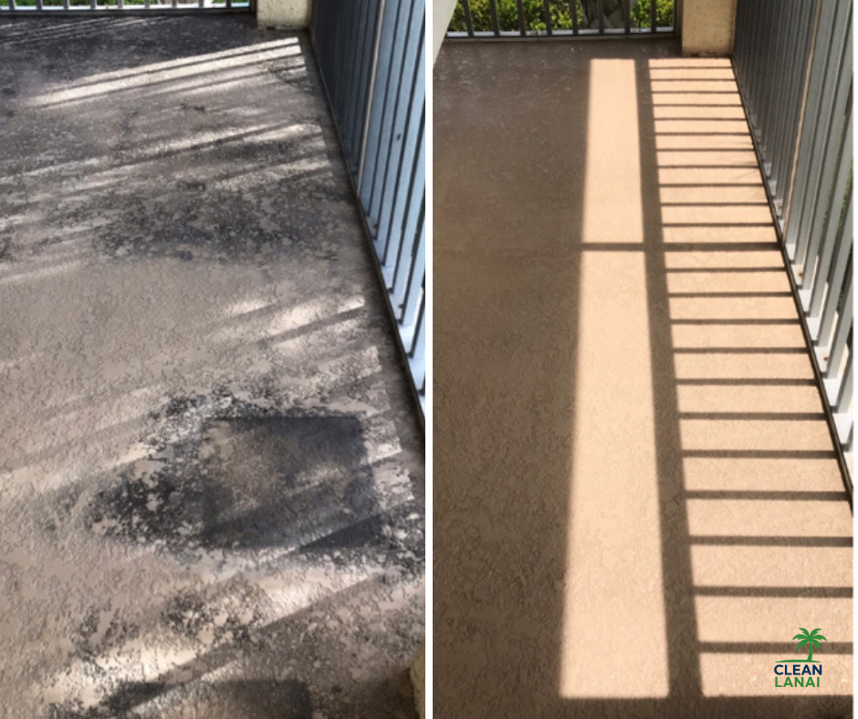 Side-by-side comparison of a balcony floor before and after cleaning. The left side shows a dirty, stained floor with grime and patches of dirt, while the right side shows a clean, freshly cleaned balcony.