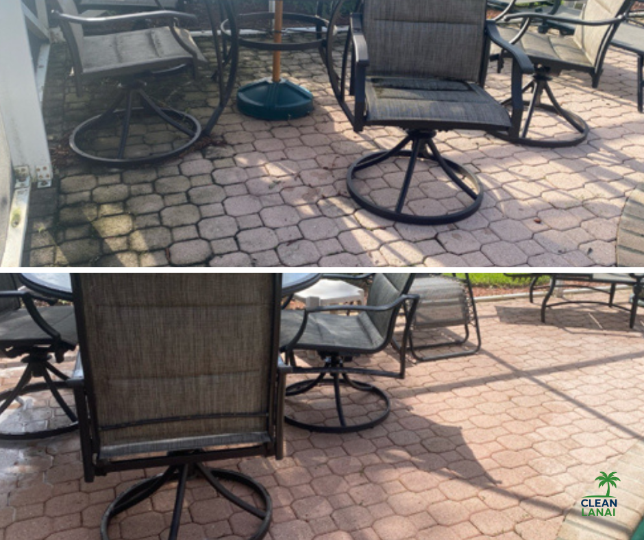 Outdoor patio with metal chairs and tables on a brick-paved surface, some chairs are shaded, and there is a blue umbrella base visible, with a small logo in the bottom right corner reading 'CLEAN LANAI'.