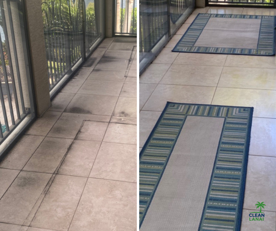Comparison of balcony tiles before and after cleaning, showing visibly cleaner tiles with rugs after cleaning.