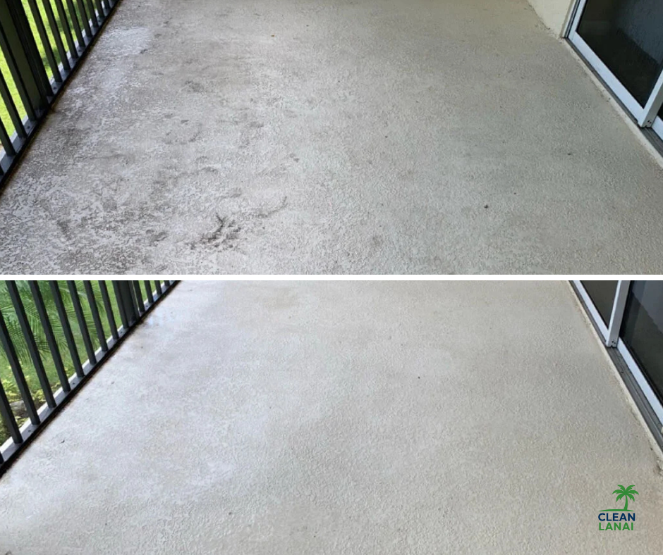 Comparison of a balcony floor before and after cleaning, showing a cleaner and brighter surface in the second image, with a logo reading "Clean Lanai" in the bottom right corner.