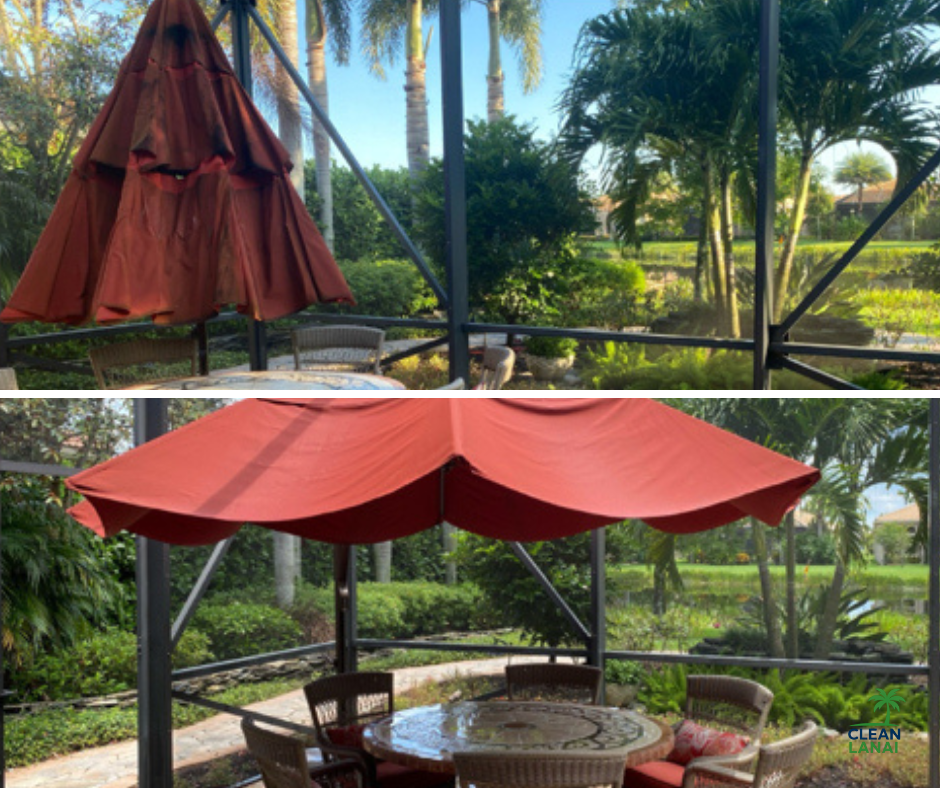 Before and after of outdoor awning cleaning. An outdoor patio with a large red umbrella before and after being cleaned.