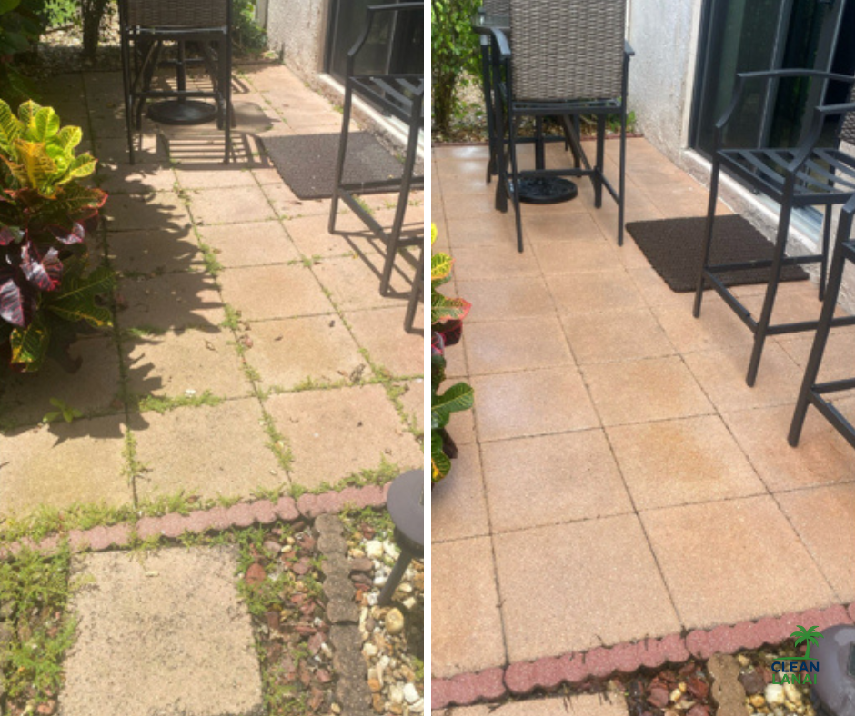Comparison of two patio scenes, showing the removal of weeds and cleaning of the tiled area, with furniture and plants on the left and a clean, weed-free tiled patio with chairs on the right.