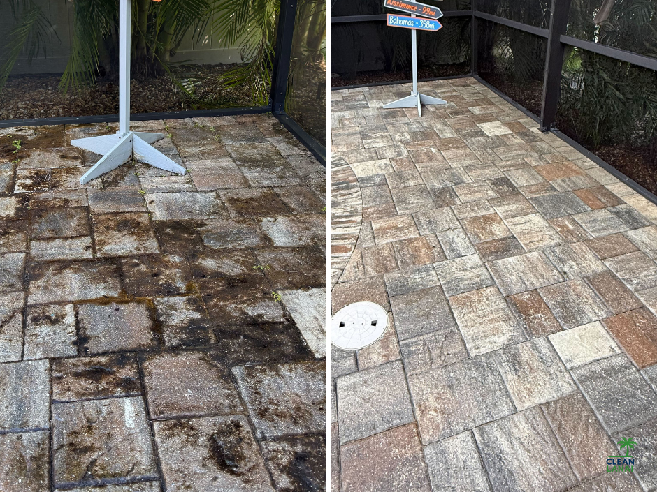 Before and after professional lanai cleaning removing mildew and dirt from lanai and screen enclosure in Sarasota Florida.