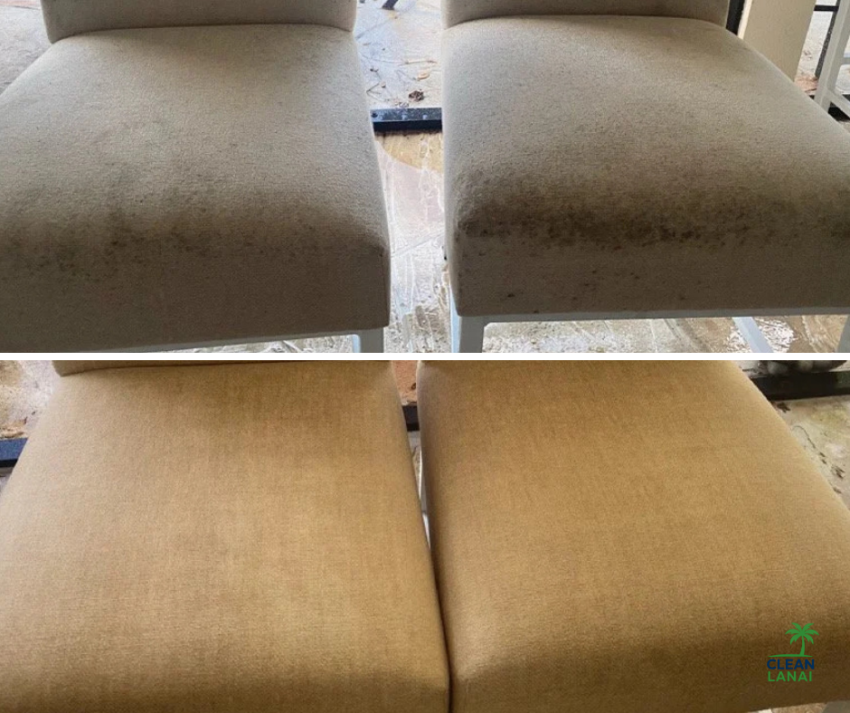 Comparison of two pairs of beige upholstered chairs, showing before and after cleaning results; top row is stained and dirty, bottom row is clean and refreshed.