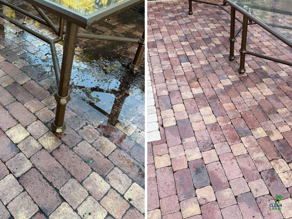 Before and after lanai paver cleaning improving color and surface clarity in Florida