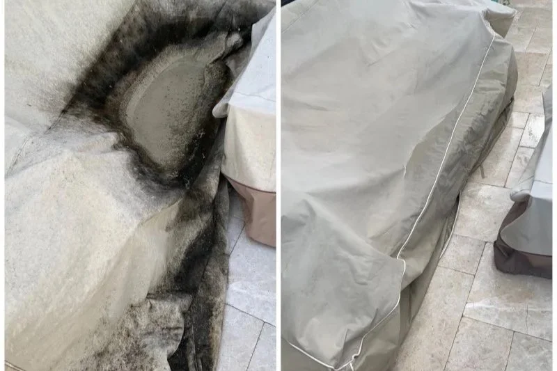 Before and after of outdoor furniture cleaning. From moldy and gross to looking like new!