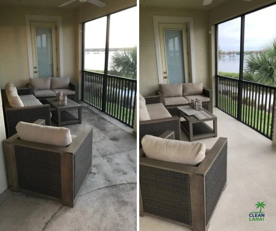 Side-by-side photos of a screened porch with outdoor furniture, including a beige couch, armchair, and coffee table, overlooking a lake with palm trees.