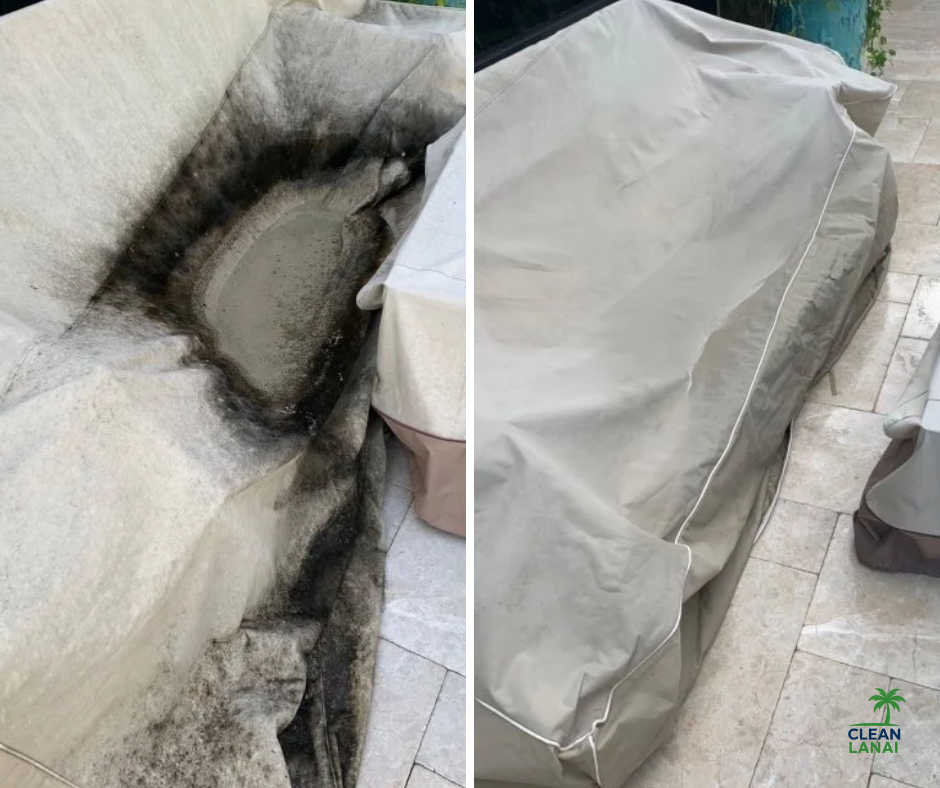 A before and after image showing a stained and dirty outdoor cover, and the same covered outdoor furniture now very clean. 