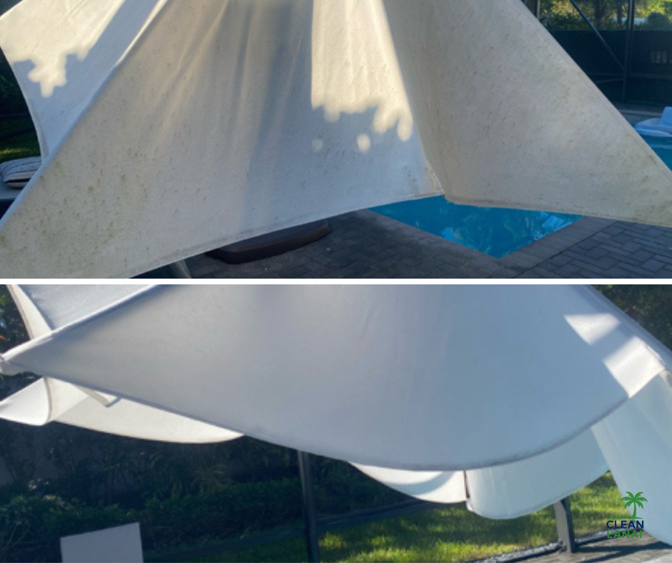 Close-up of two white canvas umbrellas outdoor near a swimming pool. Showing the before and after of our outdoor awning cleaning services. 
