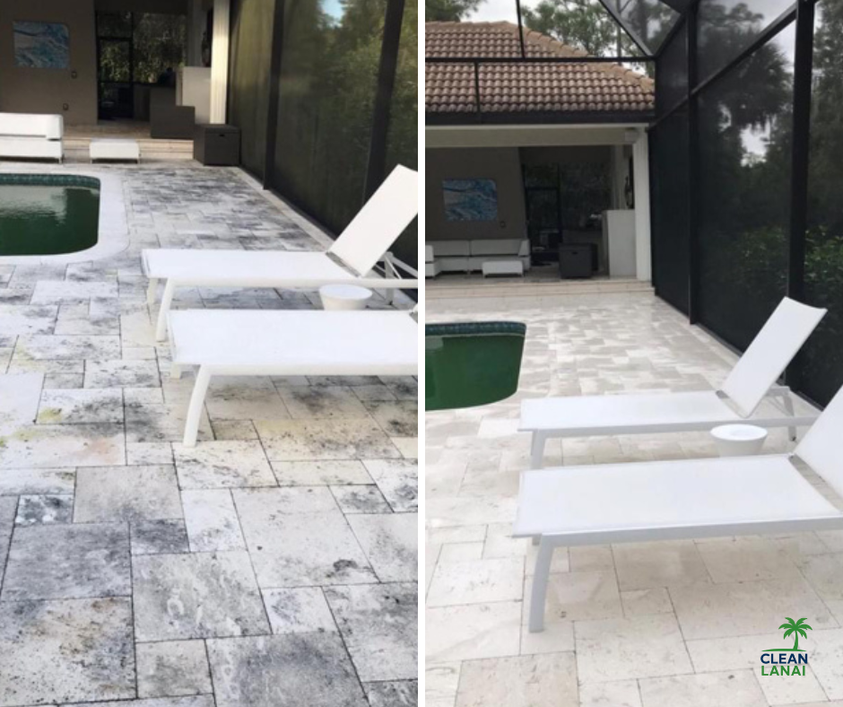 Comparison of a screened-in pool area before and after cleaning, showing dirty and clean floor tiles with pool, white lounge chair, and outdoor furniture.
