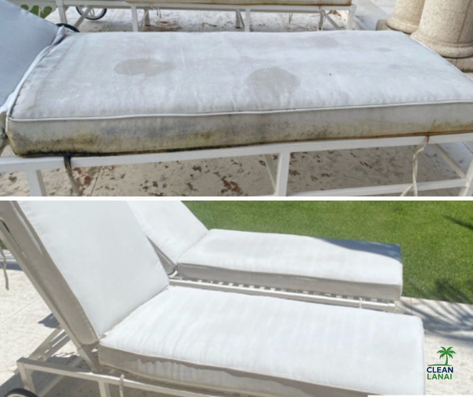 Before and after images of outdoor lounge chairs, showing a dirty, stained chair in the top image and a clean, white chair in the bottom image.