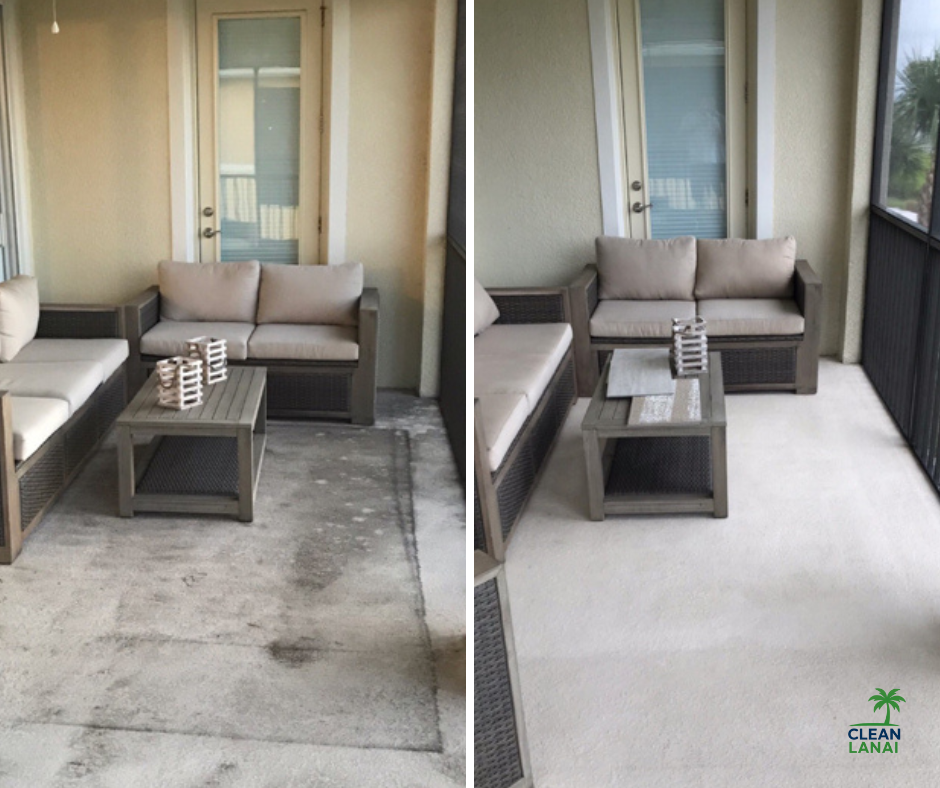 Before and after images of a balcony showing cleaning progress. The left side shows a dirty, stained balcony; the right side shows a clean balcony. The balcony has wicker furniture with beige cushions and a small coffee table with decorative items.